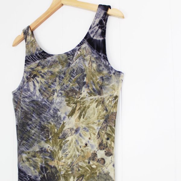 vestido algodón orgánico gots mundaka estampado botánico ecoprint tinte natural vestido corto camiseta ecológico vegano organic